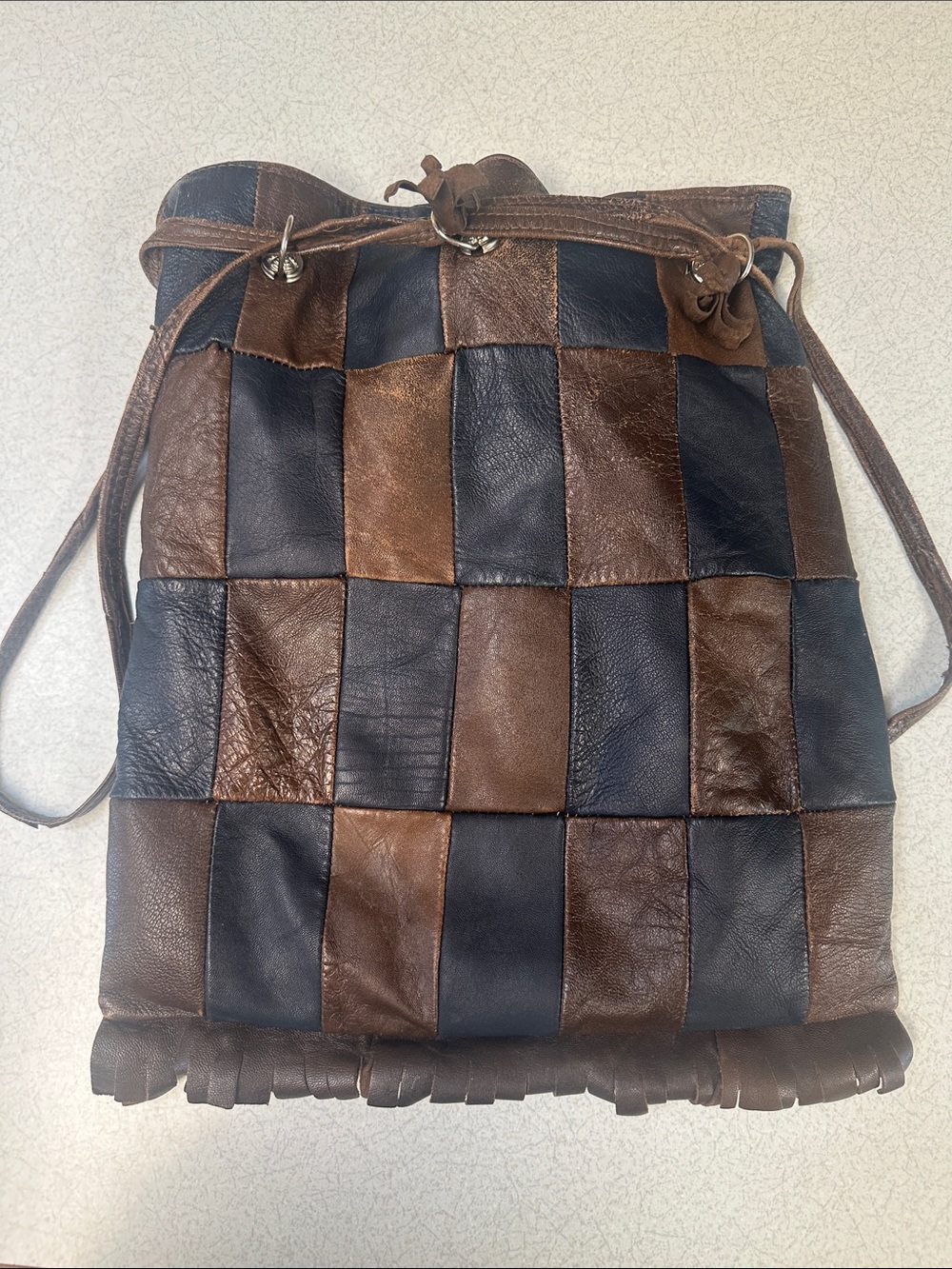 Vintage-Inspired Brown & Black Leather Patchwork Drawstring Shoulder Bag
